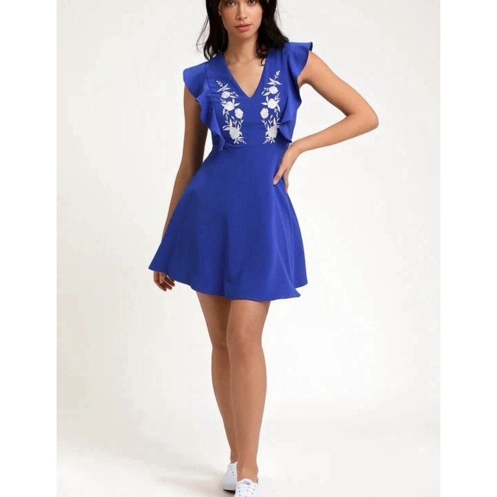 Lulus New Adventure Royal Blue Embroidered Flare Skater Dress Feminine Size XS